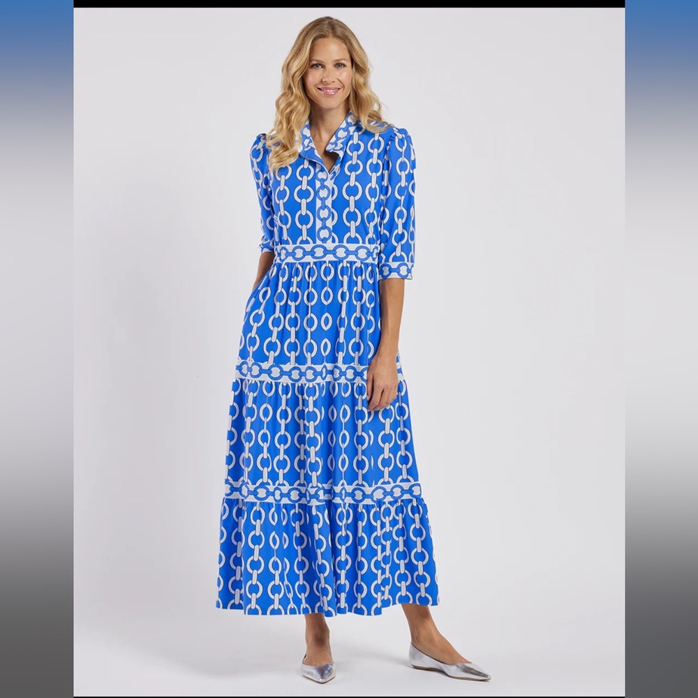 Jude Connally Blue and White Ruffled Tiered Sundress
